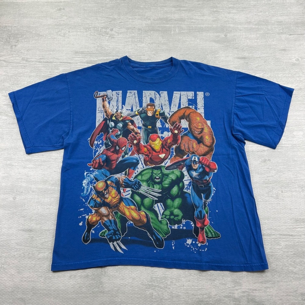 Vintage Marvel Shirt Size XL Blue Superhero Graphic Thor Hulk Iron Man Spiderman
